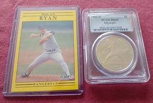 lot 103 image: 1992-D Olympic Commemorative Silver Dollar With Nolan Ryan Model Card