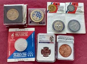 lot 198 image: Nice Variety Lot - Medals, Copper Round & Graded Quarter