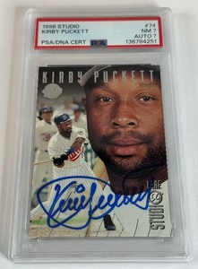 RARE! - Kirby Puckett Autographed On-Card With PSA/DNA Certification 1996 Leaf Studio #74 Card and Auto Graded PSA 7 NM, LOW POP CARD! - Minnesota Twins Baseball