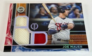 lot 10 image: Joe Mauer 199Triple Relic 2022 Topps Tribute #TTR-JM Numbered 031199 Minnesota Twins Baseball Card