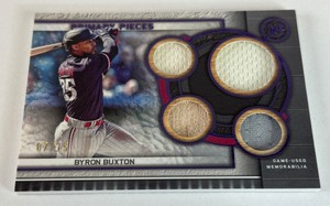 lot 27 image: Byron Buxton Quad Relic 15 2023 Topps Museum Primary Pieces Game-Used #SPPPQR-BBU Numbered 715 Minnesota Twins Baseball Card