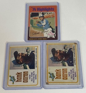lot 122 image: Hank Aaron 3-Card Lot 1974 and 1975 Topps Vintage Baseball Cards