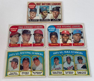 lot 185 image: 5 Vintage Leaders Card Lot 1968, 1969, 1973 - Yaz, Robinson, Kaline, Gibson, Marichal, Jenkins, Oliva, Killebrew