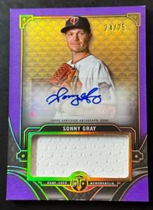 lot 45A image: Sonny Gray 2022 Topps Triple Threads Purple Patch Auto Minnesota Twins Baseball Card 75 No. ASJR-SG