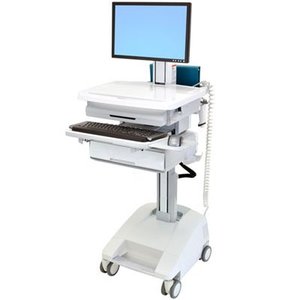 lot 6 image: MSRP $3,800 Ergotron SV32-91211 StyleView WOW Cart  Premium height-adjustable workstation for sitstand charting. Features spacious surface, slide-out keyboard tray, built-in drawers &amp smooth casters for effortless bedside EMR access.&nbsp