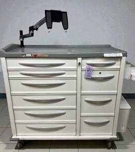 lot 7 image: MSRP $8000 Phoenix LTC Multi-Drawer Medical Medication Cart with Secure Tablet Mount. Durable design with smooth-rolling casters, spacious drawer storage, and a working electronic lock system for added security plus keys Reliable, organized, and mobile