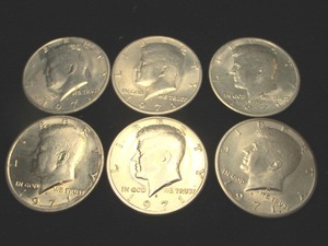 lot 3 image: Six 1971 Kennedy Half Dollars