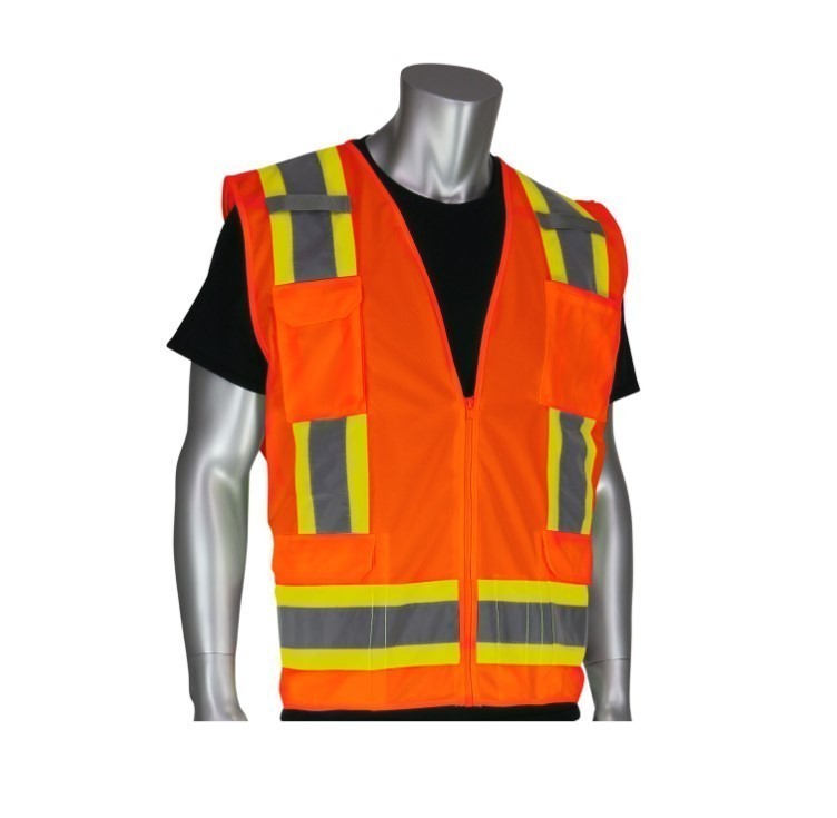 NEW PIP ANSI Type R Class 2 Two-Tone Eleven Pocket Surveyors Vest with Solid Front and Mesh Back- LARGE