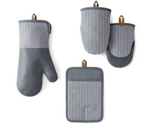 NEW Members Mark 4 -Pack Yarn Dyed Silicone Oven Mitt, Pot Holder, Mini Mitt Set - Gray