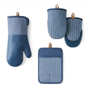 NEW Members Mark 4 -Pack Yarn Dyed Silicone Oven Mitt, Pot Holder, Mini Mitt Set - Indigo