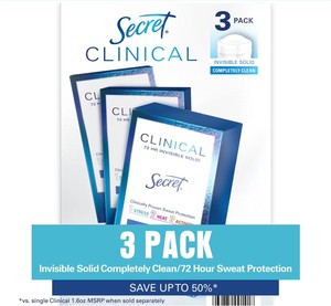NEW Secret Clinical Invisible Solid Antiperspirant and Deodorant, Completely Clean, 1.6 oz., 3 pk.