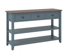 lot 44 image: Costway Blue Rectangle Wood Long Sofa Table with Storage Retro Console Table with 3-Drawers And Open Shelves (Picture Only For Style Reference, Maybe Missing Hardware)
