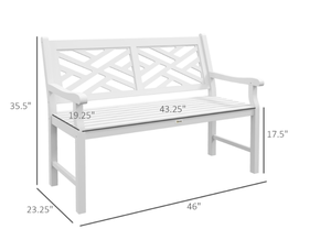 lot 57 image: Outsunny Outdoor Garden Bench, Wooden Frame Patio Bench with Geometric Pattern, 43.25 Inch Weatherproof 2-Person Love Seat for Garden, Lawn, Porch, Yard, Work Entryway, White (Missing Hardware)