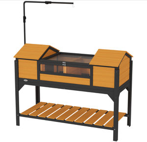 lot 64 image: PawHut Tortoise Enclosure Tortoise House with Adjustable Lamp Holder Storage Shelf, Dual Main Houses, Openable Lid, Yellow (Missing Hardware)