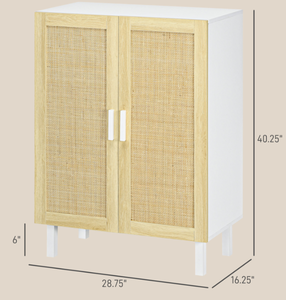 lot 74 image: HOMCOM Boho Kitchen Cabinet, Buffet Cabinet with 2 Rattan Doors and Adjustable Shelves for Dining Room, White and Natural