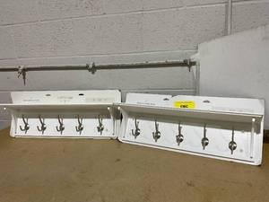 lot 317 image: LOT OF 2 Threshold Wood Entryway with Shelf Ivory  Wall Mounted Coat Rack with 5 Hooks, Silver Plated Finish
