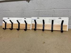 lot 322 image: LOT OF 2 Brightroom Mixed Material 4 Hooks Rail Matte Black on Light Wood  Wall Mounted Decorative Rack, Iron & Rubberwood