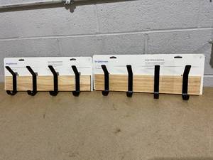 lot 324 image: LOT OF 2 Brightroom Mixed Material 4 Hooks Rail Matte Black on Light Wood  Wall Mounted Decorative Rack, Iron & Rubberwood