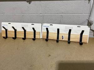 lot 326 image: LOT OF 2 Brightroom Mixed Material 4 Hooks Rail Matte Black on Light Wood  Wall Mounted Decorative Rack, Iron & Rubberwood