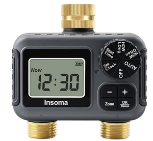 lot 110 image: Insoma 2-Zone Water Timer Brass InletOutlet, Programmable Outdoor Hose Faucet Timers with AutoManual Modes  Rain Delay, Waterproof Sprinkler Timer for Garden, Lawn, Yard, Pool  Save Water & Money