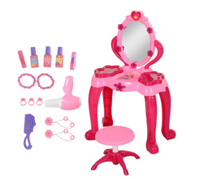 lot 267 image: Qaba Kids Vanity Set with Mirror and Stool, Girls Makeup Table with Light and Sound, 15 Accessories, Pretend Play Set with Hair Dryer, Pink (Minor Crack On Mirror)