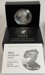 lot 7 image: 2021 W-American Eagle One Ounce Proof Silver Bullion Coin - original package with COA