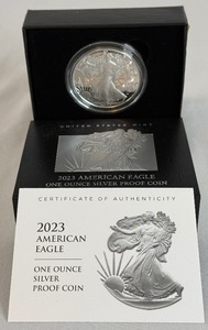 lot 9 image: 2023 W-American Eagle One Ounce Proof Silver Bullion Coin - original package with COA