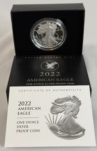 lot 13 image: 2022 W-American Eagle One Ounce Proof Silver Bullion Coin - original package with COA