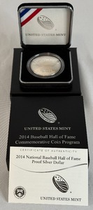lot 16 image: 2014 National Baseball Hall of Fame Proof Silver Dollar - original package with COA