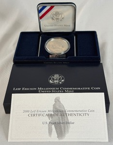 lot 20 image: 2000 Leif Ericson Millenium Proof Silver Dollar - original package with COA