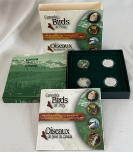 lot 22 image: 2000 Canadas Birds of Prey Sterling Silver Fifty Cent 4 Coin Set - original package with COA