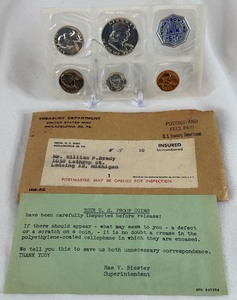 lot 24 image: 1958 Proof Mint Uncirculated 5 Coin Set (P) - original pacakge with COA and envelope