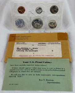 lot 26 image: 1960 Proof Mint Uncirculated 5 Coin Set (P) - original pacakge with COA and envelope