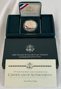lot 34 image: 1997 P-US Botanic Garden Commemorative Proof Silver Dollar - original package with COA
