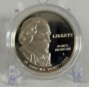 lot 41 image: 1993 S-Bill of Rights James Madison Proof Silver Dollar - just the coin in a protective plastic case