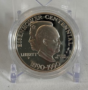 lot 51 image: 1990 P-Eisenhower Centennial Commemorative Proof Silver Dollar - just the coin in a protective plastic case