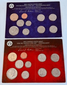 lot 55 image: 2022 uncirculated P & D us mint coin set OGP (20 coins) - original pacakge with COA and envelope