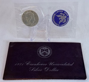 lot 90 image: 1971 S-Eisenhower Uncirculated Silver Dollar - original package with COA