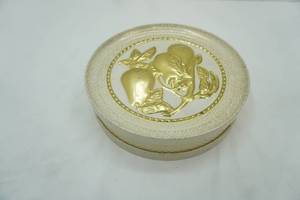 lot 9 image: Vintage Golden Pears Cookie Tin. Embossed High-Relief Pears on the Lid