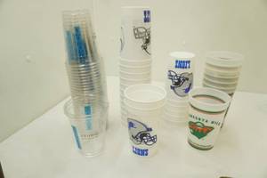 lot 60 image: Keurig Plastic Disposable Cups Vintage Reusable Plastic Cups-Football & Minnesota Wild