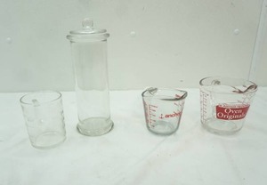 lot 77 image: Anchor Hocking Liquid Measuring Cups, Covered Glass Apothecary Jar