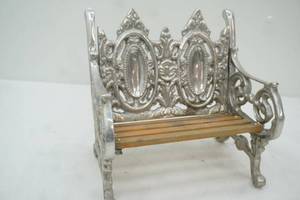 lot 130 image: Vintage Dollhouse Miniature Bench wsilver-colored metal frame. 10 wide by 9.5 tall by 7 deep