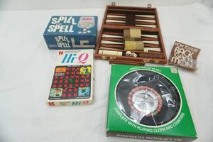 lot 153 image: Vintage Games travel backgammon, Hi-Q, Spill and Spell, French Roulette