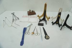 lot 168 image: Vintage Letter Openers, Plate and Photo Display Stands, Pinochle Scoring Pads, Mallard Card Holder Box, Short shoe horns and more