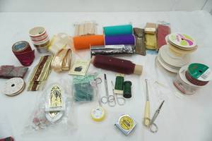 lot 169 image: Ribbon, thule, scissors, hooks, wire, popsicle sticks, tape and more craft supplies