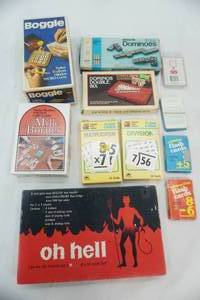 lot 170 image: Vintage Game Lot Boggle, oh hell, flash cards, dragon dominoes, Mille Bornes