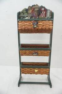 lot 183 image: Rooster & Chicken Basket Stand (3 letter baskets) 31 tall by 13 wide by 5.5deep