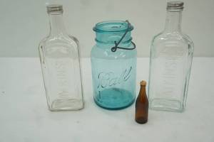 lot 190 image: Vintage Aqua Glass Ball Canning Jar, 2ct Watkins Glass Bottles wcaps, mini brown Guinness bottle
