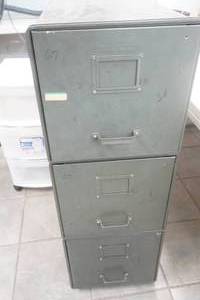 lot 203 image: Vintage Industrial Olive Green Stackable Metal File Drawers (3ct)