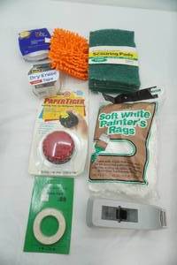 lot 301 image: New Scouring Pads, Paint Rags, Dry Erase Tape, Applicator Pads, Paper Tiger Floral Tape, Tape Dispenser